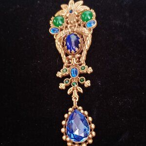 Large Vtg ASKEW Peacocks Faux Jade Emerald Sapphire Pin Art Nouveau London